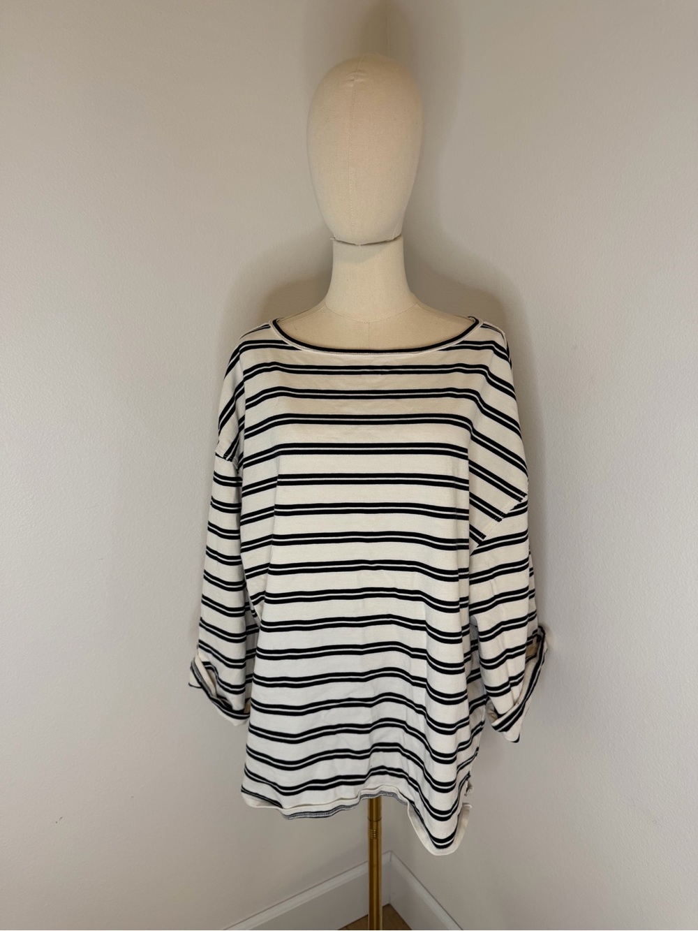 We The Free Striped Boatneck Long Bell Sleeve Top in White and Black Size XL